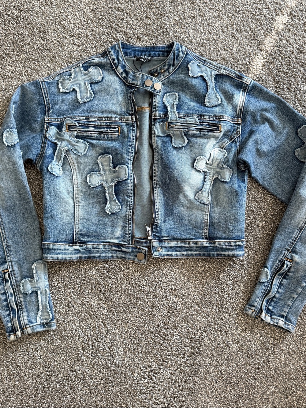 Cropped Light Blue Denim Jacket with Cross Appliqués